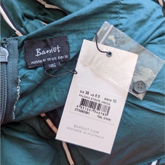Bardot Paloma Teal Green Striped Cold Shoulder Dress US Size 6 (Small) - Picture 7 of 10